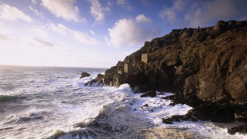 The abandoned beam engine houses on the rocky coast, Botallack Mine near St Just, Cornwall
